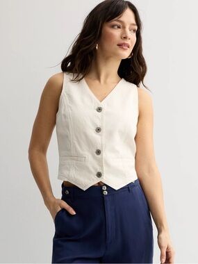 Fourth + Bay Cream Button-Front Denim Vest Western Boho Cotton Lyocell